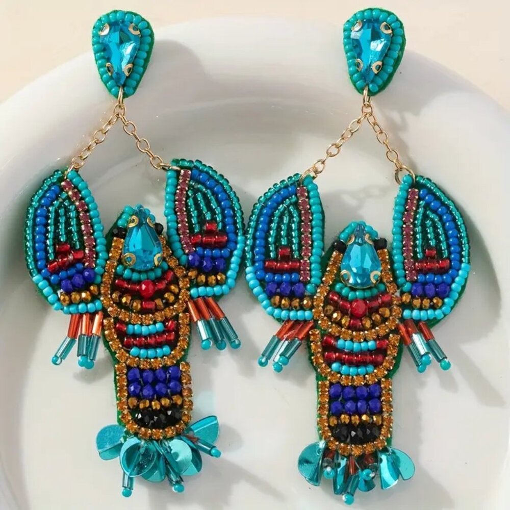 BLUE LOBSTER HANDCRAFTED EARRINGS NIP - Picture 2 of 3